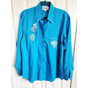 Las Olas M Women's Button Front‎ Shirt Aqua Beaded Embroidered Oriental Fans NEW